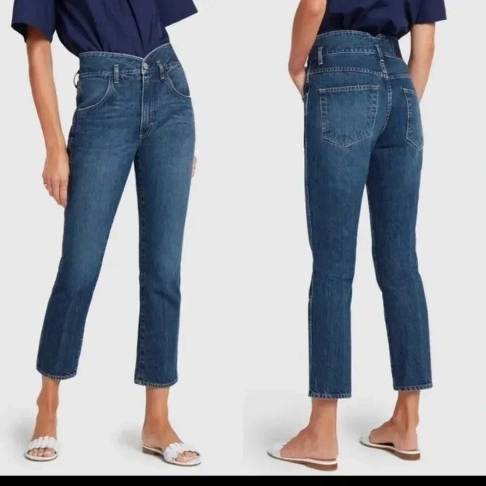 AMO Cotton Mid-Rise Ankle Length Straight Leg Tulip Jeans in Dark Vintage(26)